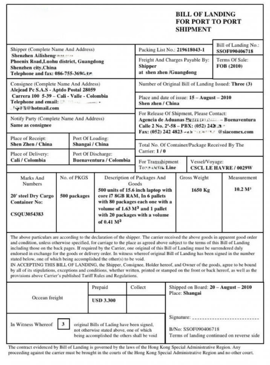 Ejemplos de un bill of lading